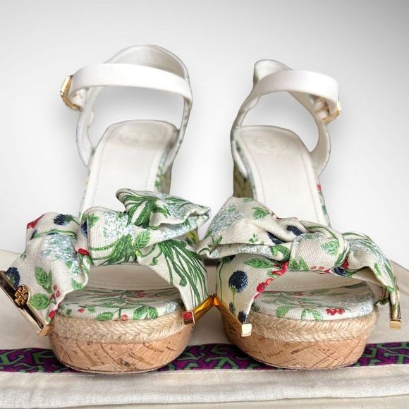 Tory Burch Penny 120MM Wedge in Watercolor Botanical Print / New Ivory Sz 7(M) - Picture 10 of 16